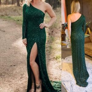 One shoulder dark emerald green dress